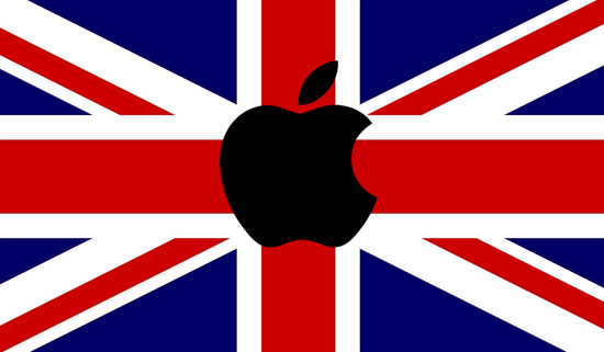 Flagge Großbritanniens mit schwarzem Apple Logo in der Mitte