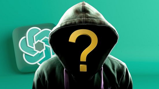 Ein Unbekannter mit Kapuzenpulli und Fragezeichen im Gesicht. ChatGPT-Logo im Hintergrund