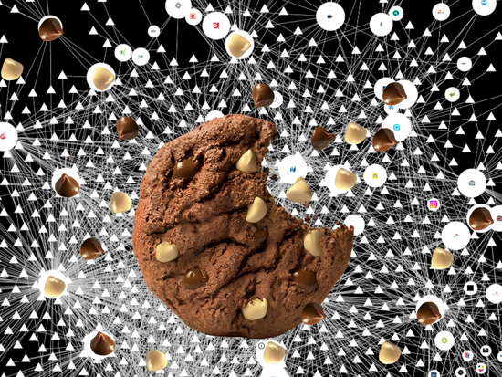 Ein Cookie mit Krümmeln über ein Screenschot von Lightbeam mit Cookies im Internet