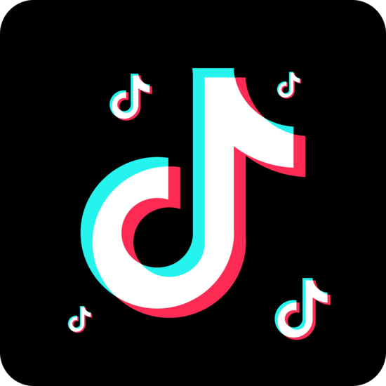TikTok-Logo umgeben von vier kleinen TikTok-Logos auf schwarzem Hintergrund