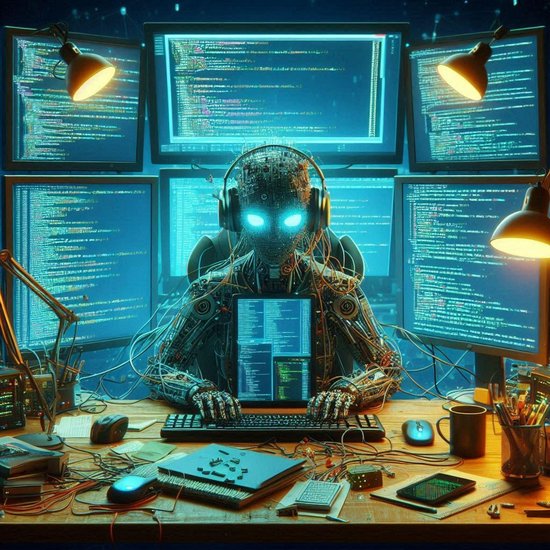 Eine KI-generierte Grafik von einem Menschen bestehend aus Kabeln mit Kopfhörern auf, umgeben von Bildschirmen mit Code.