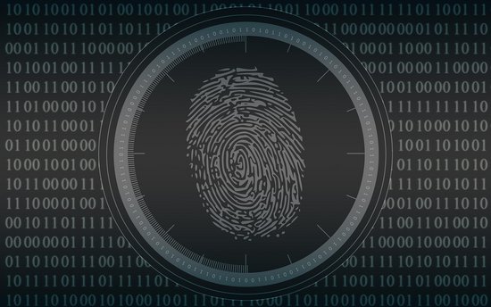 Ein grauer Fingerabdruck in einem Kreis umgeben von grauen Einsen und Nullen auf schwarzem Hintergrund