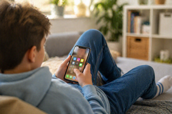 Jugendliche Person sitzt entspannt auf einem Sofa in einem hellen Wohnraum und schaut auf ein Smartphone mit unscharf dargestellten App-Symbolen.