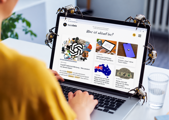 Webcrawler_Artikel Eine Person sitzt an einem Laptop, auf dessen Bildschirm die Startseite von YoungData mit aktuellen Artikeln zum Datenschutz zu sehen ist. Fünf kleine, Roboterspinnen krabbeln über den Bildschirmrand und die Tastatur. Sie symbolisieren Webcrawler, die Webseiten automatisiert durchsuchen.