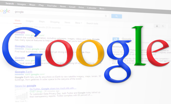 Google-Logo mit Google-Suchfenster im Hintergrund