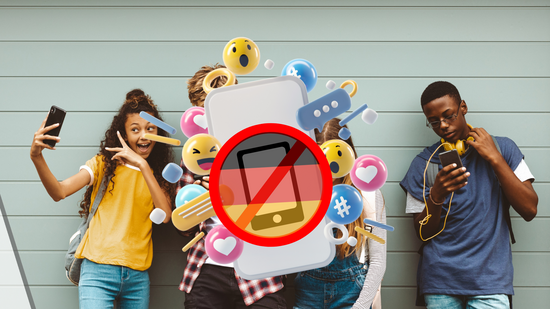 Bild von einer Gruppe von Jugendlichen mit Handys in den Händen mit vielen Amojis und einem Verbotzeichen mit deutscher Flagge