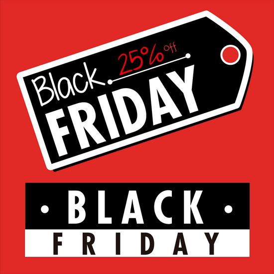 Ein schwarzes Zettelchen auf dem Black Friday in Weiß steht auf rotem Hintergrund. Nebendran 25% in roter Schrift