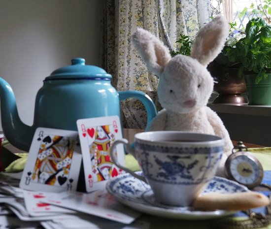 Paola Munzi (@alicecheshire) auf unsplash Hase mit Kaffeetasse und Kartenspiel
