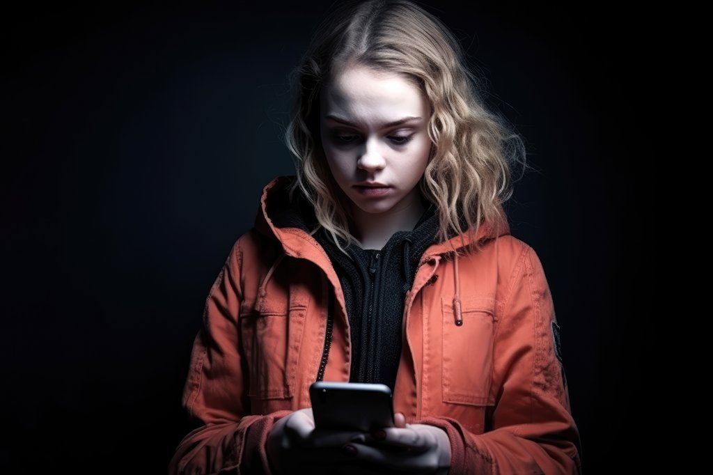 Mädchen steht im Dunkeln und schaut ängstlich auf Smartphone