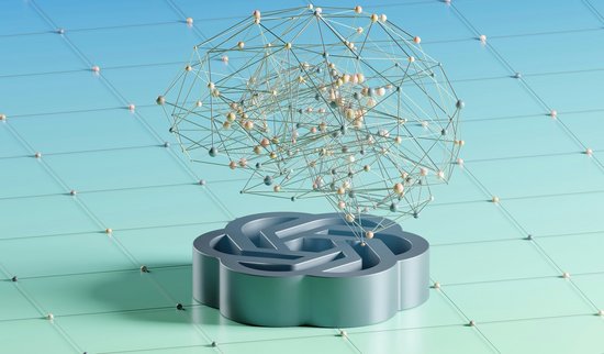 Eine neuronale Struktur über dem 3D-Logo von OpenAI