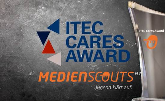 Logo des ITEC Cares Award mit dem Logo der Medienscouts MV und der Trophäe des Wettbewerbs auf grauem Hintergrund