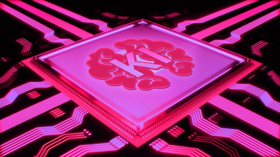 Eine Grafik in Rosa und Schwarz von einem Prozessor auf dem ein Gehirn abgebildet ist, auf welchem KI steht