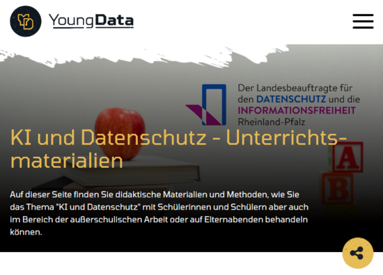 Ein Screenshot der Seite "KI und Datenschutz" des LfDI Rheinlandpfalz auf YoungData mit Infotext darunter
